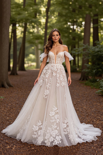 Off The Shoulder White Appliqued Wedding Dress